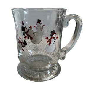 Snowman Clear Glass Footed Mug Hot Cocoa Coffee Festive Winter Design